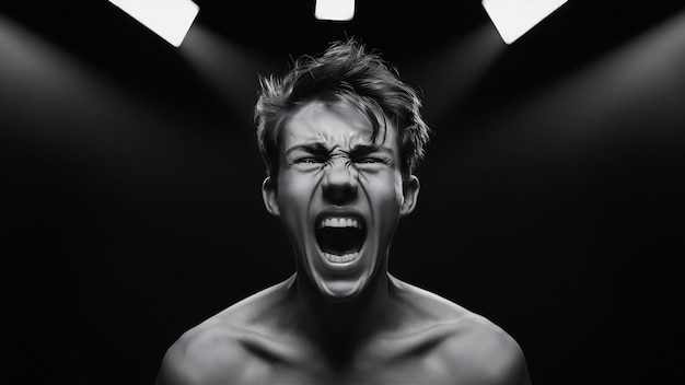 Студийный снимок молодого человека, испытывающего психическую муку и кричащего на черном фоне