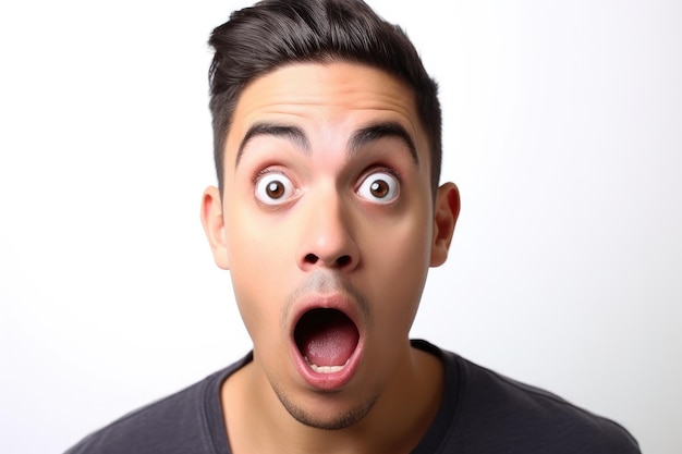 Photo studio shot of a young man looking shocked against a white background created with generative ai
