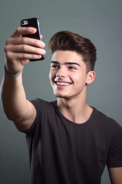  Premium AI Image | Studio shot of a young man taking a selfie against a ...