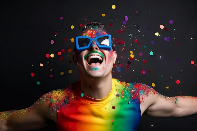 Studio shot of a young man wearing glasses and sleeveless lgtb rainbow tshirtwith streamers floating on black background Party concept rainbow celebration lgtbi gay lesbianAI generated image