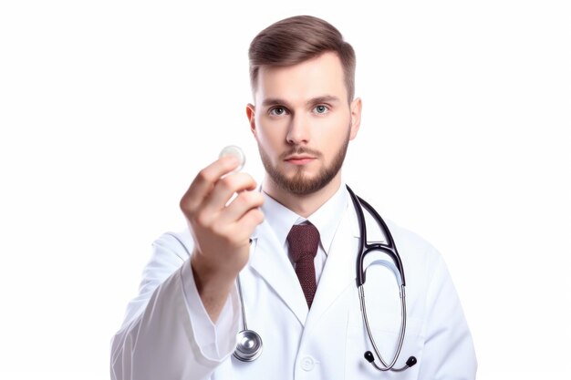 Studio shot of a young medic holding up a pill isolated on white created with generative ai