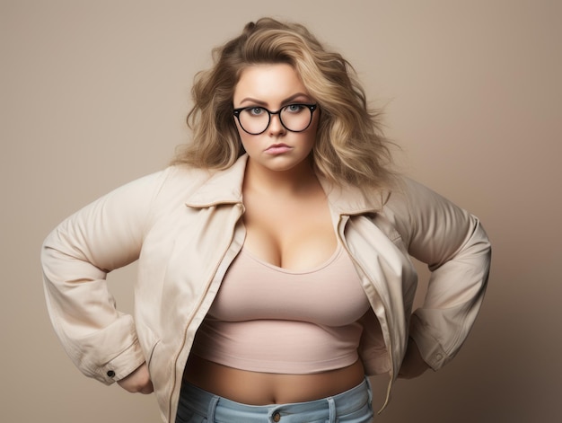 Studio shot of young plus size woman emotional gestures