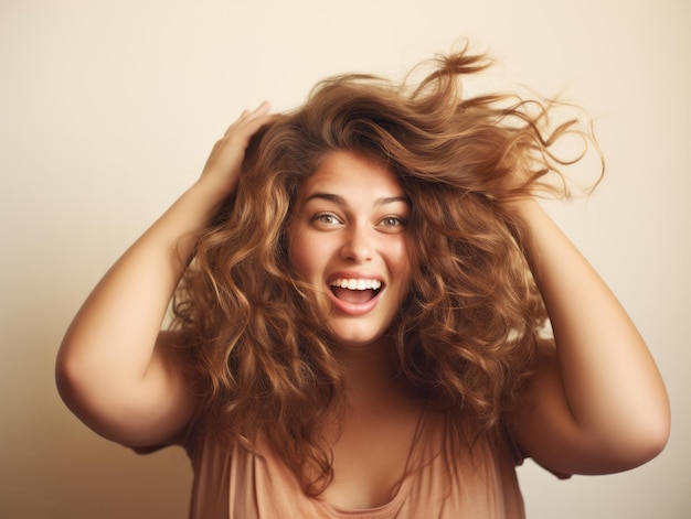 Studio shot of young plus size woman emotional gestures