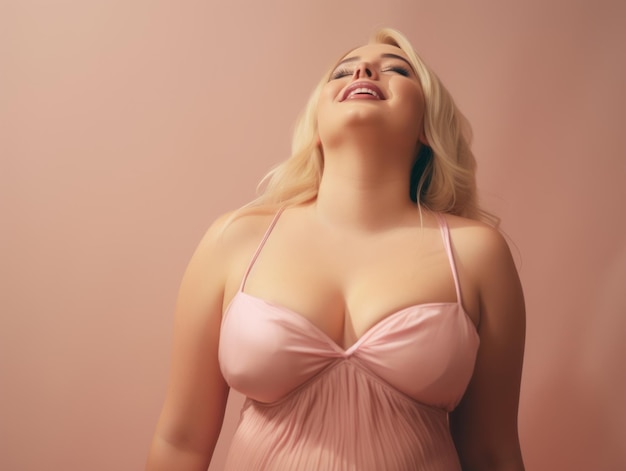 Photo studio shot of young plus size woman emotional gestures