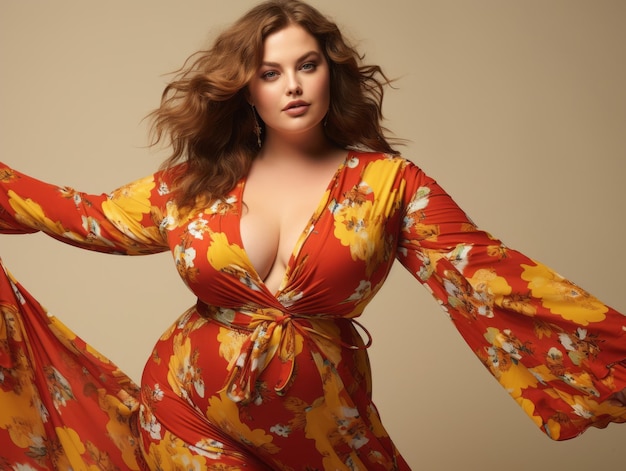 Studio shot of young plus size woman emotional gestures