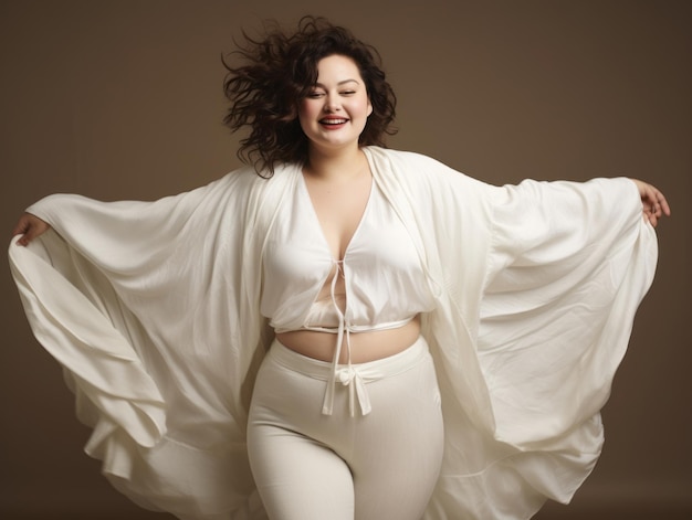 Studio shot of young plus size woman emotional gestures