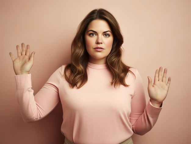 Studio shot of young plus size woman emotional gestures