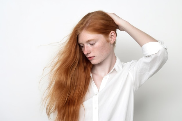 白い背景に対して髪を保持している若い女性のスタジオ撮影