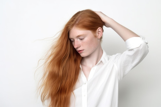 Studio shot of a young woman holding her hair against a white background