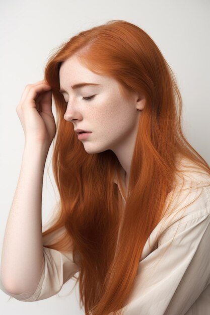 Studio shot of a young woman holding her hair against a white background