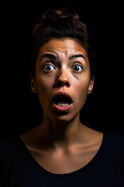 Studio shot of a young woman looking surprised against a black background