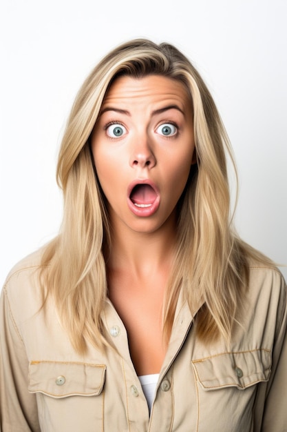 Studio shot of a young woman looking surprised against a white background created with generative ai