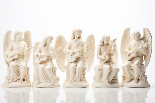 Studio shots of white ceramic angels playing musical instruments