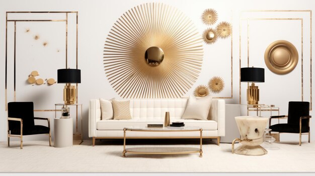 A studio space styled with art deco flair brushed gold accents against a white backdrop