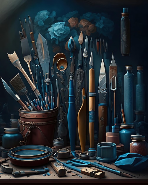 Photo studio and tools artist materials such as brushes spatulas and canvases