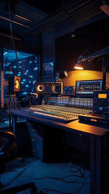 a studio with a sound board and sound equipment