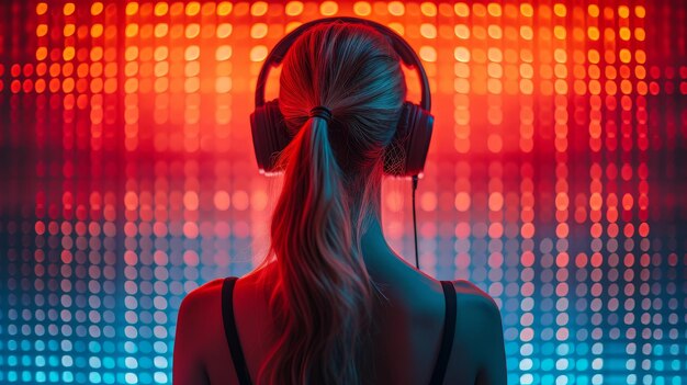 In a studio a young woman wears headphones and watches a neon light projection on a blazer