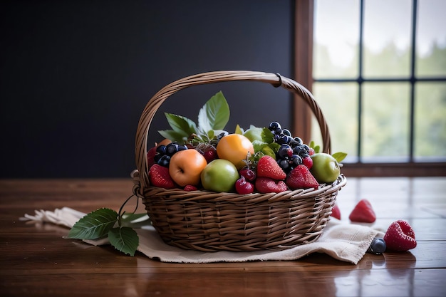 Studiofoto van de mand met bessen en fruit op de tafel