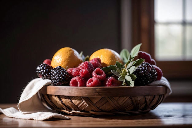 Studiofoto van de mand met bessen en fruit op de tafel