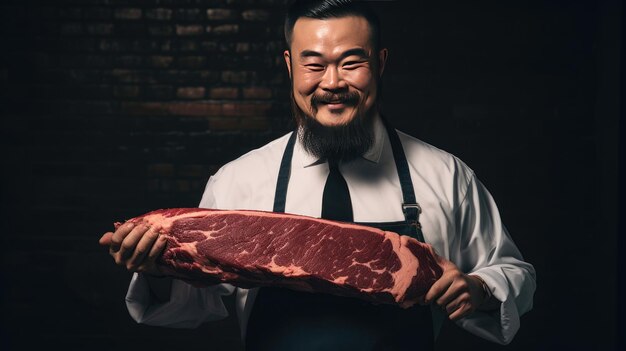 Studiofoto van een glimlachend gezicht dat naar de camera kijkt van een snorige slager die een blok Japans Wagyu-vlees van de juiste grootte vasthoudt