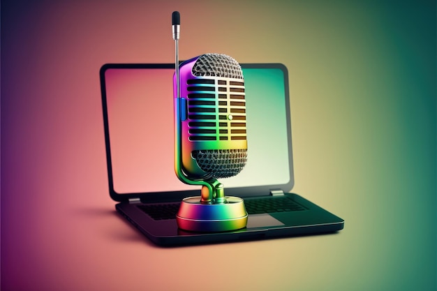 Studiomicrofoon met laptop podcast concept gradiënt achtergrond generatieve AI