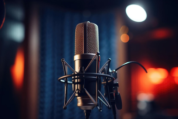 Studiomicrofoon op onscherpe achtergrond Zwarte professionele condensatormicrofoon Podcast-opname