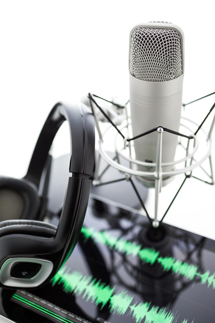 Studiomicrofoon voor het opnemen van podcasts met headset op een witte achtergrond.