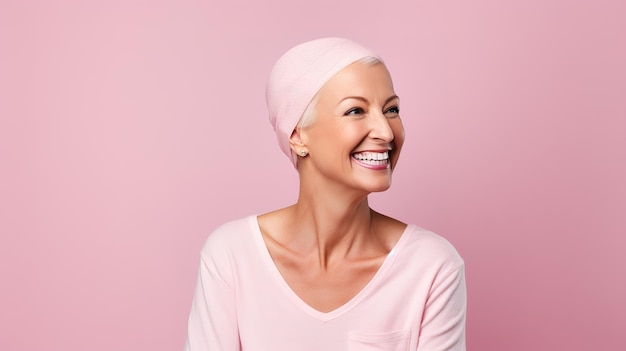 Studioportret van een gelukkige kankerpatiënt tegen een roze achtergrond