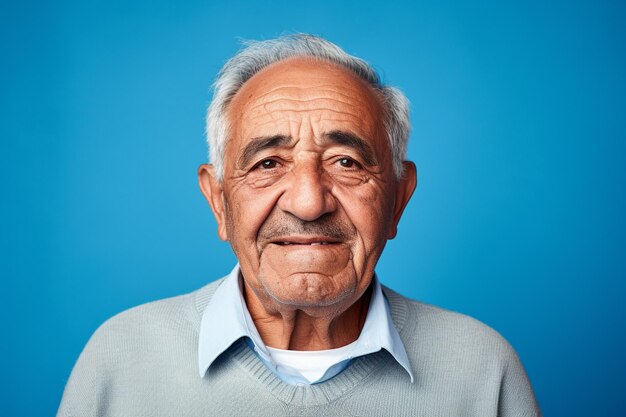 Foto studioportret van een vriendelijke oudere man met wit haar die glimlacht op een blauwe achtergrond generatieve ai