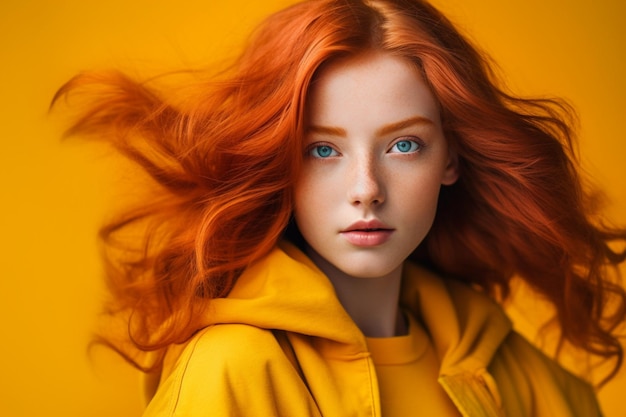 Studioportret van mooi roodharig meisje tegen de gele achtergrondfotografie met zacht licht