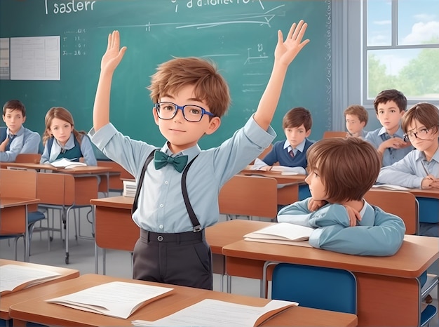 a studious boy in the classroom raising hand for answering question