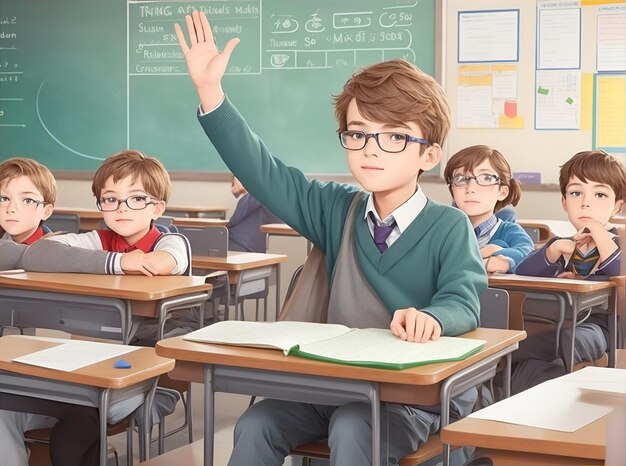 質問に答えるために教室で手を挙げる勉強する少年