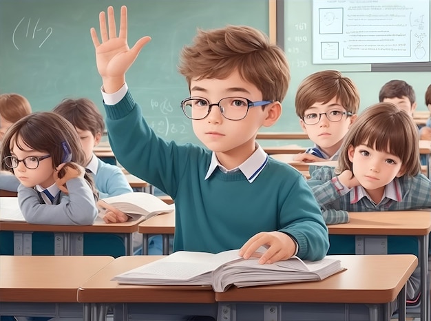 a studious boy in the classroom raising hand for answering question