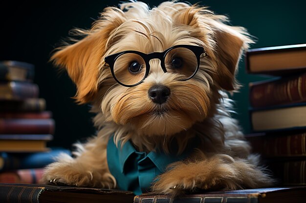 a studious dog dressed as a librarian wearing spectacle AI generated