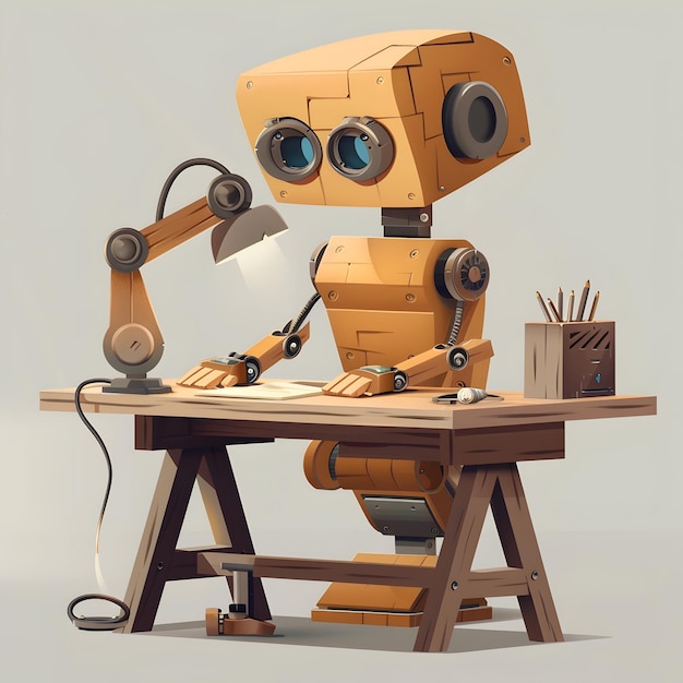 Studious Robot Reading at Wooden Desk Generative AI