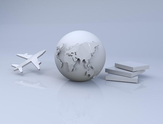 留学コンセプトブック飛行機と地球3dレンダリング画像