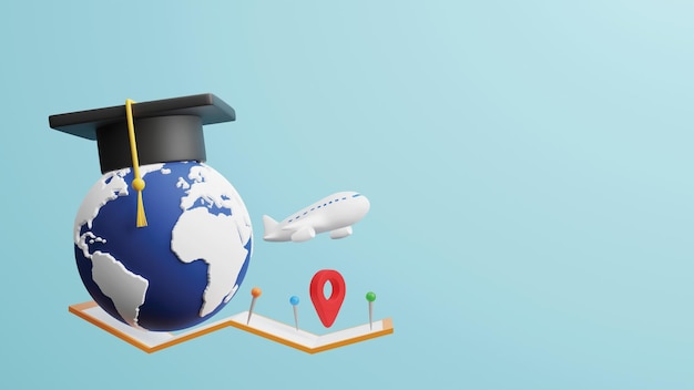 卒業帽と平面地図ピンとロケーションサイン3Dレンダリングで世界の留学コンセプトデザイン