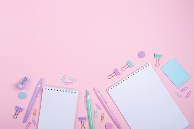 study and back to school accessories on pink 