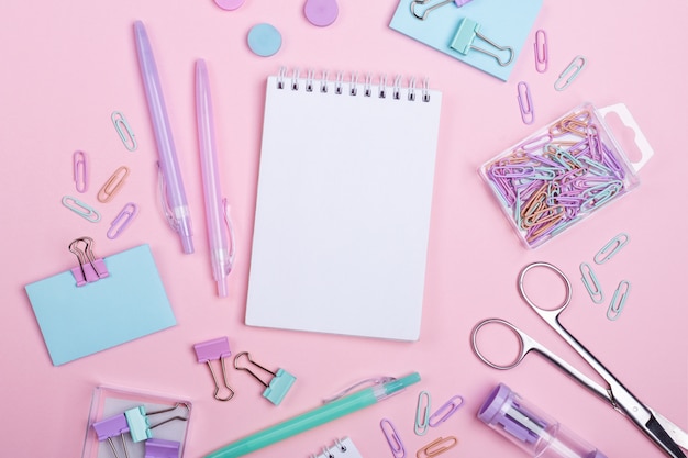 study and back to school accessories on pink 