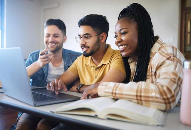 Study classroom and diversity students on a laptop for elearning online education and website course information in group project University student college friends or class people research on pc