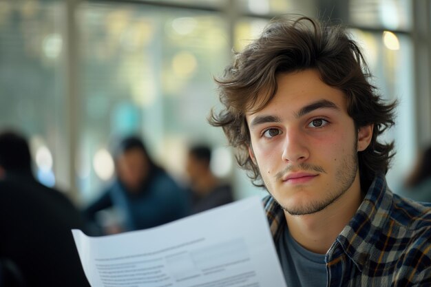 Foto studi, istruzione, esami, concetto, ritratto di uno studente caucasico al college con delle note in mano.