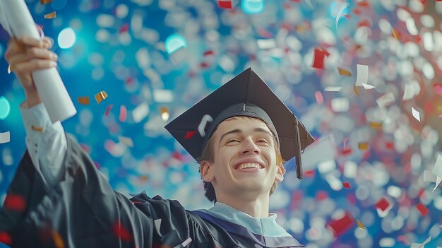 Photo study education university college graduate concept happy and excited portrait of young blond student girl in hat of graduation isolated