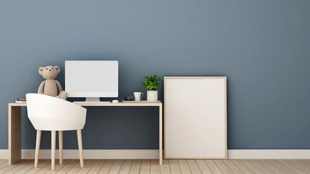 Study room or workplace and blue wall decorate in bedroom