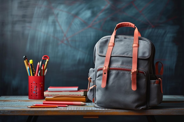 Study setup School backpack with supplies against a blackboard background