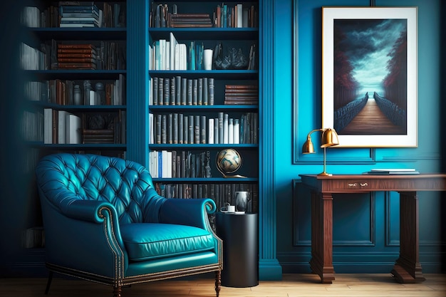 Study with bookcase and armchair in home interior blue