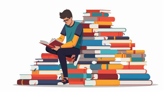 Studying studying for an exam among book piles Character reading textbooks researching finding answers in a library Education concept Flat modern illustration isolated on a white background