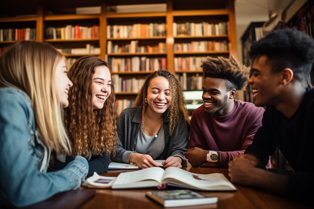 Foto studiare e parlare con un gruppo giovane e diversificato di studenti ai generativa