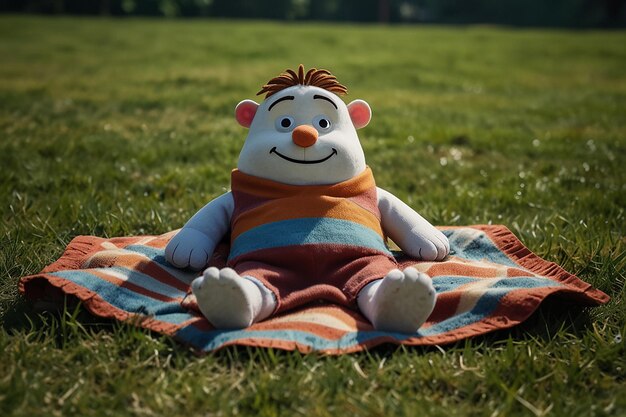 a stuffed animal is on a blanket in the grass