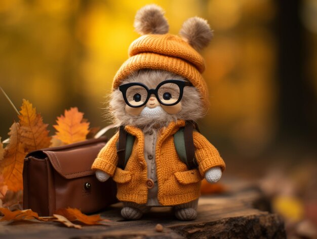 a stuffed animal wearing glasses and an orange sweater is sitting on a log