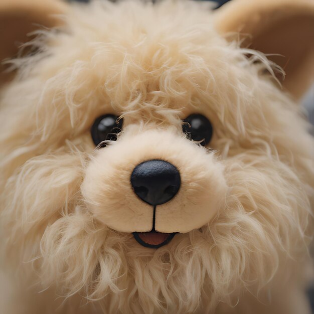 a stuffed animal with a black nose and a black nose